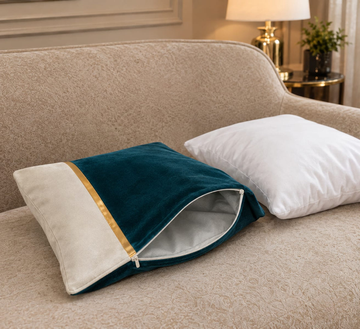 Premium Teal & Gold Accent Cushion Cover Luxury Velvet Designer Pillow Cover